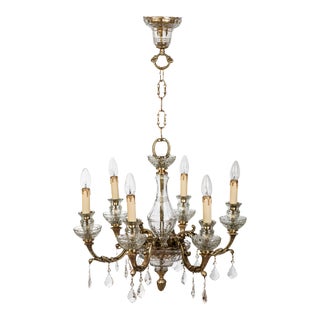 1950s Italian 6 Arm Brass & Murano Glass Chandelier With Venetian Crystals For Sale