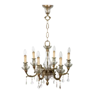 1950s Italian 6 Arm Brass & Murano Glass Chandelier With Venetian Crystals