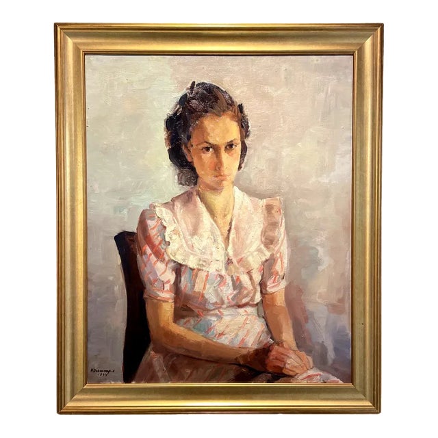 1977 French Portrait Oil Painting of a Young Woman Signed Henri Descamps, Framed For Sale