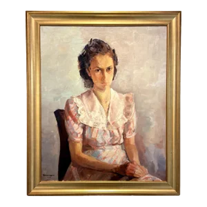1977 French Portrait Oil Painting of a Young Woman Signed Henri Descamps, Framed