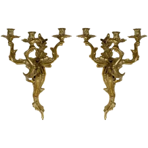 Bronze Louis XV Style Three Candle Sconces - a Pair