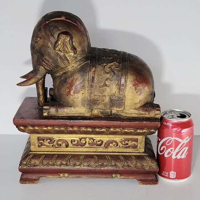 Antique Wooden Chinese Young Elephant Resting on Plinth Statue For Sale - Image 10 of 11