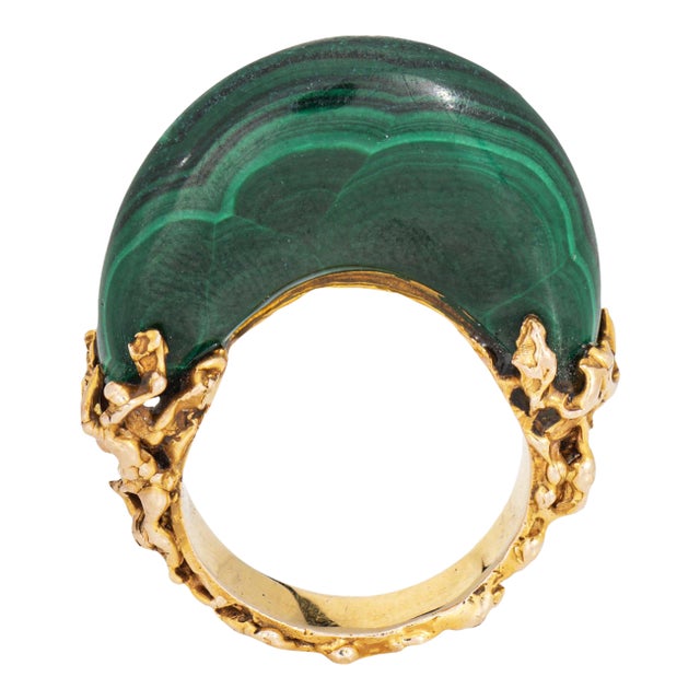 70s Vintage Malachite Brutalist Ring High Dome Sz 6.5 14k Yellow Gold Jewelry For Sale