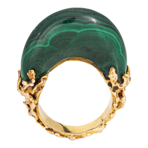 70s Vintage Malachite Brutalist Ring High Dome Sz 6.5 14k Yellow Gold Jewelry