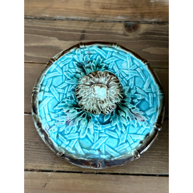 Vintage Majolica Biscuit Jar With Turquoise Glaze & Floral Relief For Sale In Des Moines, IA - Image 6 of 9