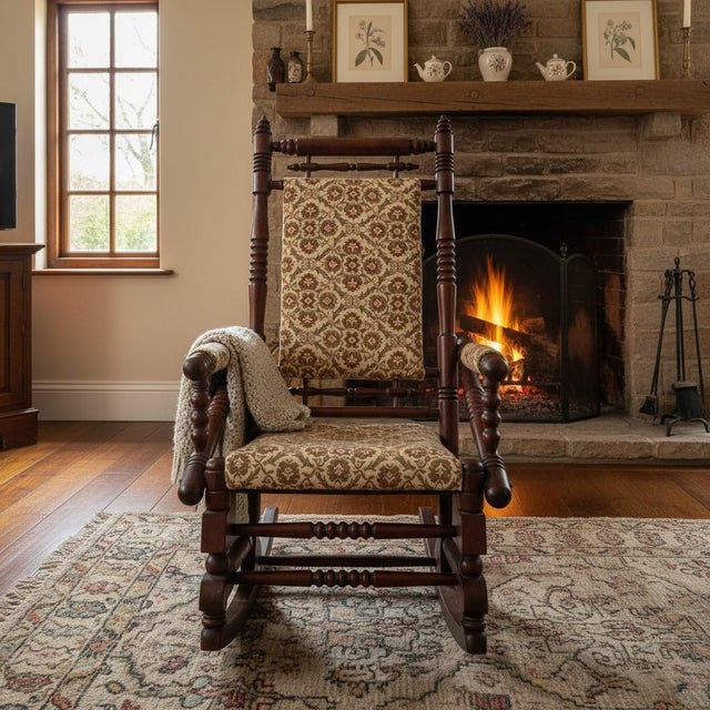 Antique Victorian Mother Child Rocking Chair Set-Spindle Wood-Pair-Nursery-Farm For Sale - Image 4 of 11
