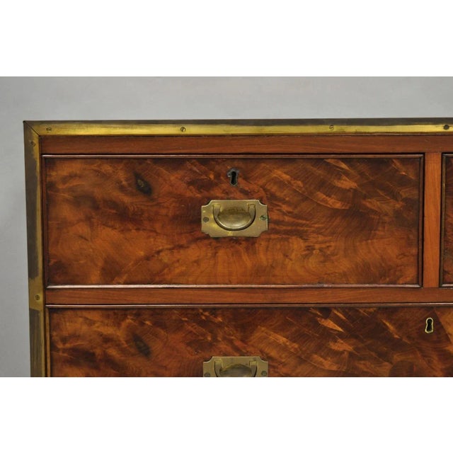 Campaign Antique English 4 Drawer Brass Banded Burr Walnut Campaign Chest Dresser For Sale - Image 3 of 15