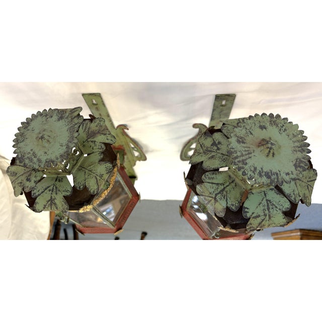 Light Green Vintage Italian Venetian Style Painted Tole Wall Sconce Candle Lanterns- A Pair For Sale - Image 8 of 18