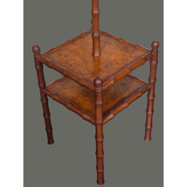 Brown Late 20th Century Faux Bamboo Fruitwood Burlwood Canterbury Style End Table Floor Lamp W/Shade For Sale - Image 8 of 11