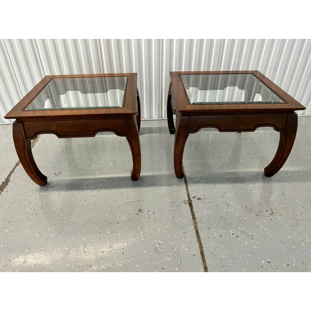 1960’s Ming Style Asian / Chinoiserie Solid Wood Glass Top Side Tables