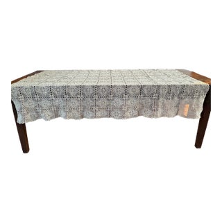 Vintage Handmade Coverlet Crochet Lace Tablecloth — Ivory Floral Heirloom Textile — French Country / Farmhouse — 56” × 82 For Sale