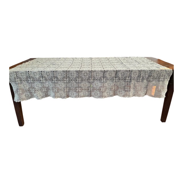 Vintage Handmade Crochet Lace Tablecloth - 56” × 82" For Sale