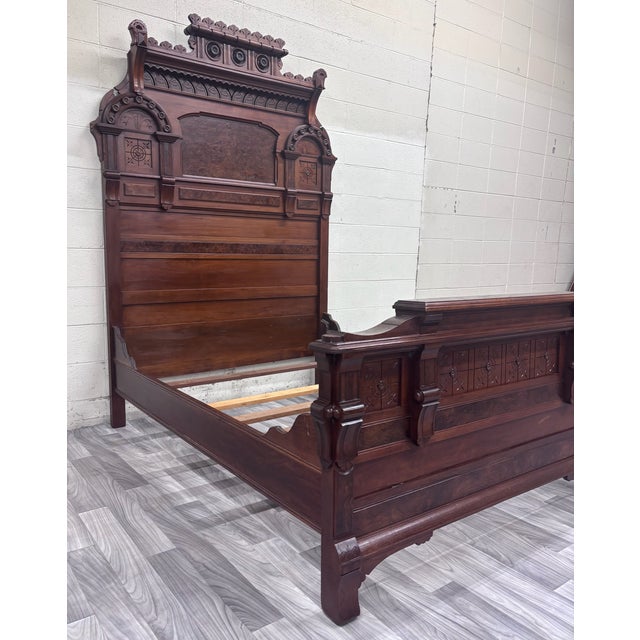 Victorian Antique Full Size C 1870-1890 Victorian Eastlake Monumental High Back Walnut Bed For Sale - Image 3 of 11