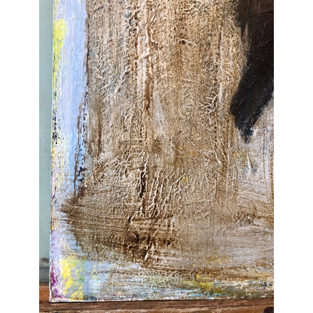 This is a large mixed media abstract painting with stencilled letters in a sans serif typeface in blue and red. it is in...