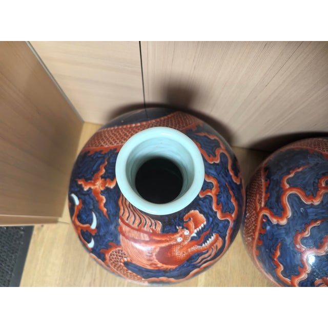 A Pair of Chinese Ceramic Vase Ming Dynasty Xuande Marked Blue Ground Famille Verte Porcelain Tianqiu Vase Hand Painted Dragon Pattern For Sale - Image 9 of 16