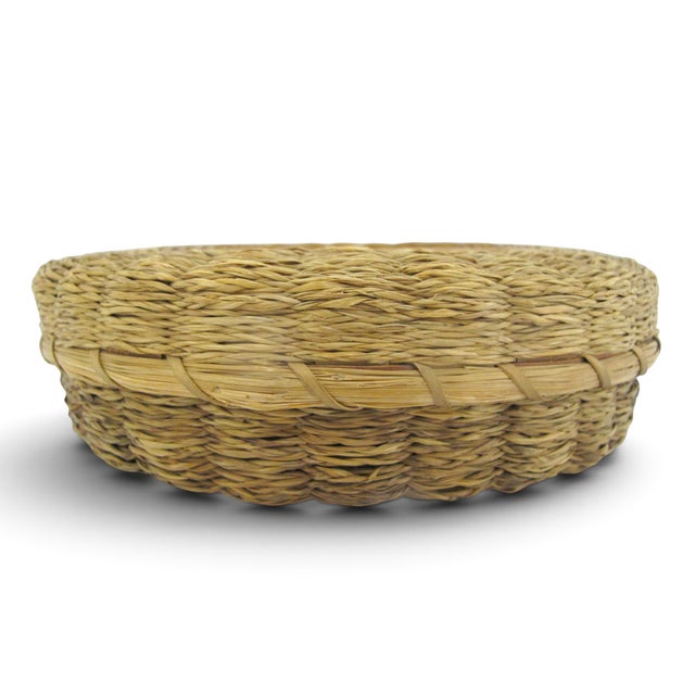 Native American Iroquois Native Sweetgrass & Ash Splint Checkered Rim Round Basket With Lid For Sale - Image 3 of 13