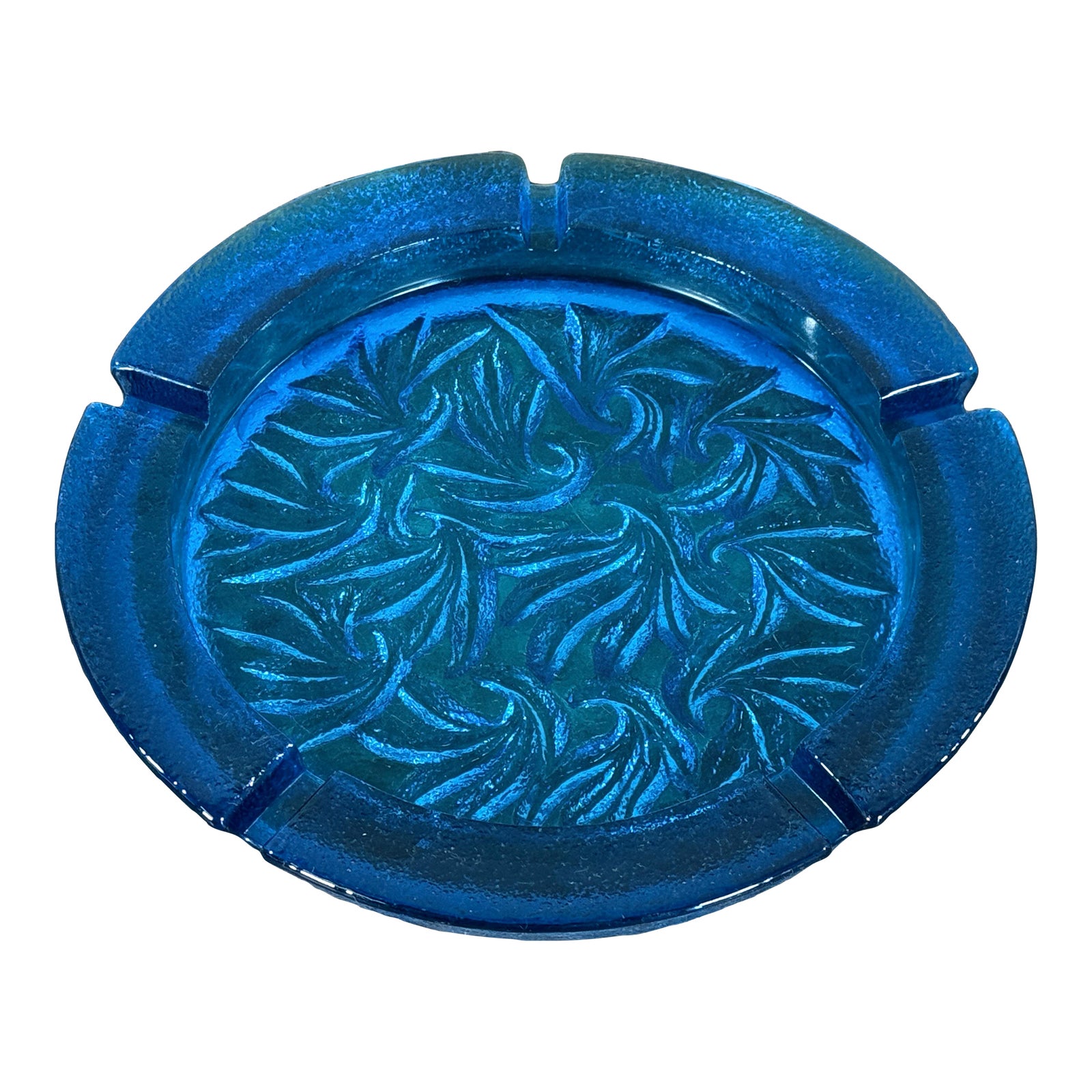 Vintage Blenko Style Mid Century Blue Art Glass Ashtray With Swirl Pattern