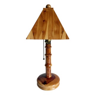 Vintage Folk Art Wood Shade Table Lamp For Sale