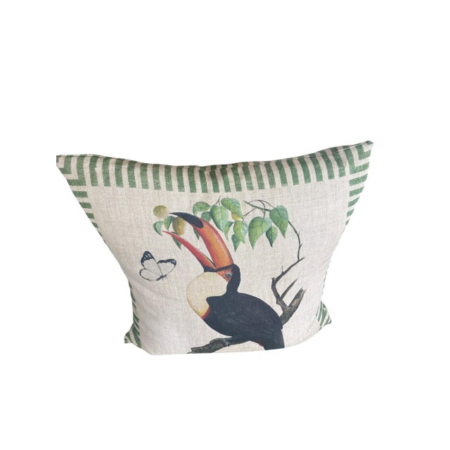 Vintage British Colonial Style Linen Toucan Accent Pillow For Sale - Image 4 of 12
