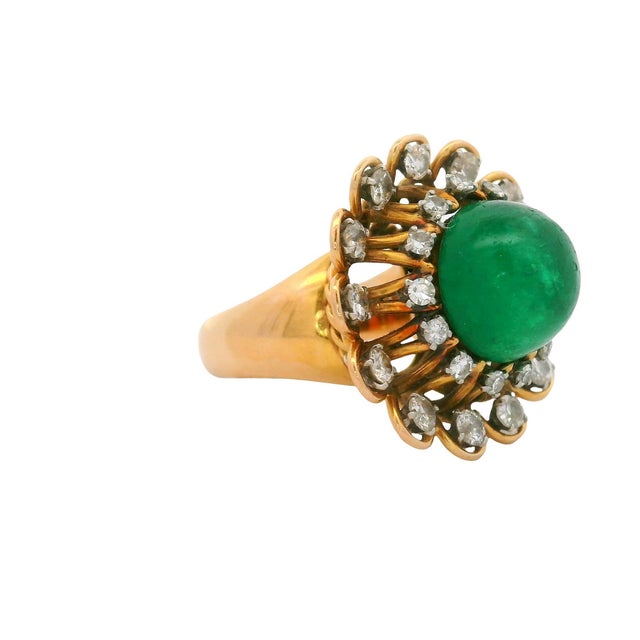 French 6.00 Carat Emerald Diamond 18k Yellow Gold Double Halo Ring, Size 5.5 For Sale - Image 4 of 6