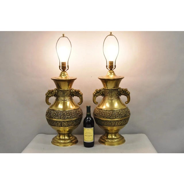 Vintage Brass Chinese Jardinière Elephant Handle Oriental Table Lamps - a Pair. Circa Mid 20th Century. Measurements: 31"...