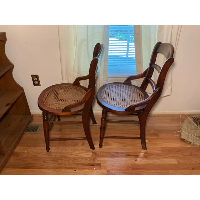 Victorian Pair of Victorian Ladder-Back Arm Chairs With Round Cane Seats, Walnut, C. 1880s For Sale - Image 3 of 7