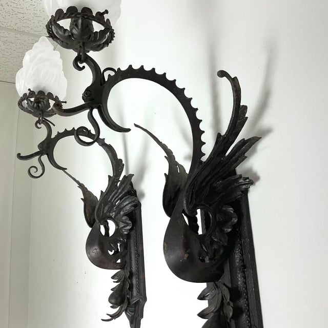 1920s Hand Hammered Iron Dragons Wall Sconces - a Pair For Sale - Image 9 of 9