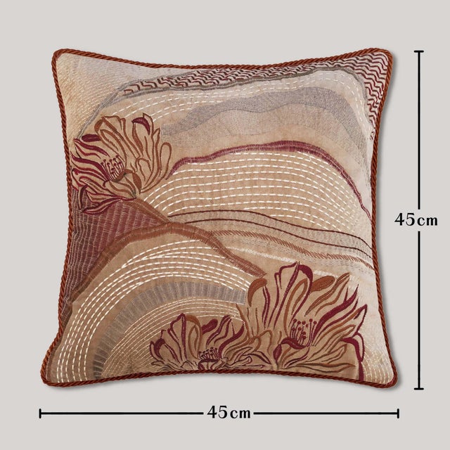 Transform your living room with this stunning embroidered velvet pillow cover featuring a handmade abstract art landscape...
