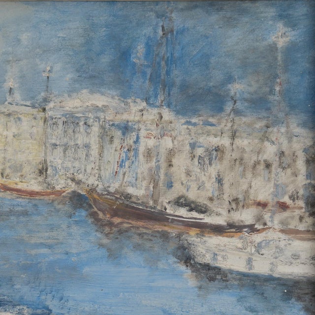 MID CENTURY NAUTICAL LANDSCAPE OIL ON BOARD PAINTING Depicting an evocative Mediterranean harbour scene with beautifully...