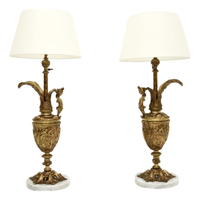 Vintage French Gilt Metal and Marble Table Lamps, 1930s, Set of 2 For Sale