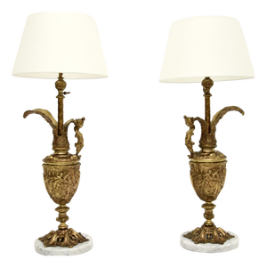 Vintage French Gilt Metal and Marble Table Lamps, 1930s, Set of 2