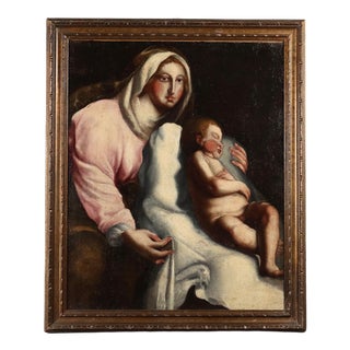 Unknown Artist, Madonna with Sleeping Child, Oil on Canvas, Framed For Sale