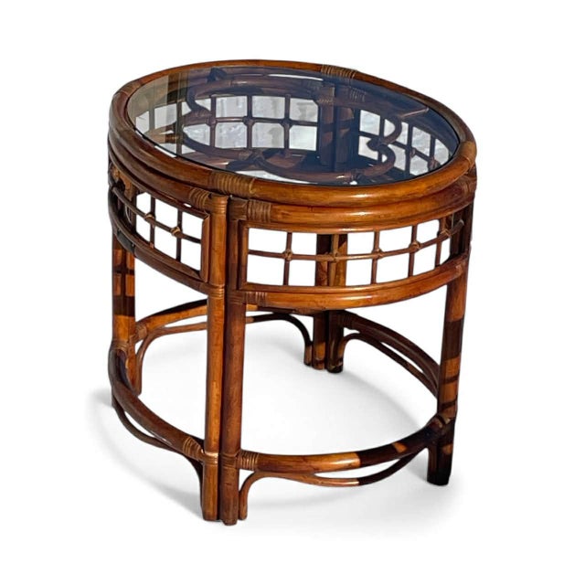 Vintage French Country Bamboo Rattan Brass Accents End Tables Side Tables W Glass Top For Sale - Image 4 of 17