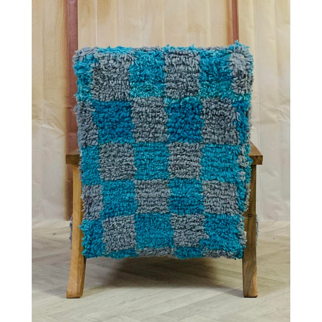 Handmade Moroccan Checkered Blue Turquoise and Gray Wool Chair For Sale - Image 4 of 10
