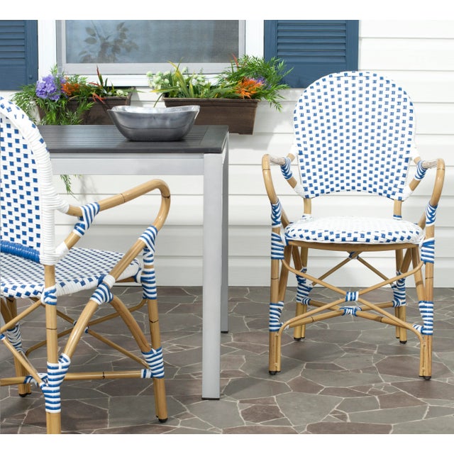 Metal Indoor-Outdoor Stacking Armchair in Blue & White - a Pair For Sale - Image 7 of 8