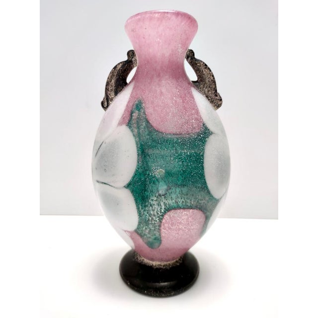 Postmodern Pink, Green and White Hand-Blown Scavo Glass Vase, Murano, Italy, 1970s For Sale - Image 12 of 12