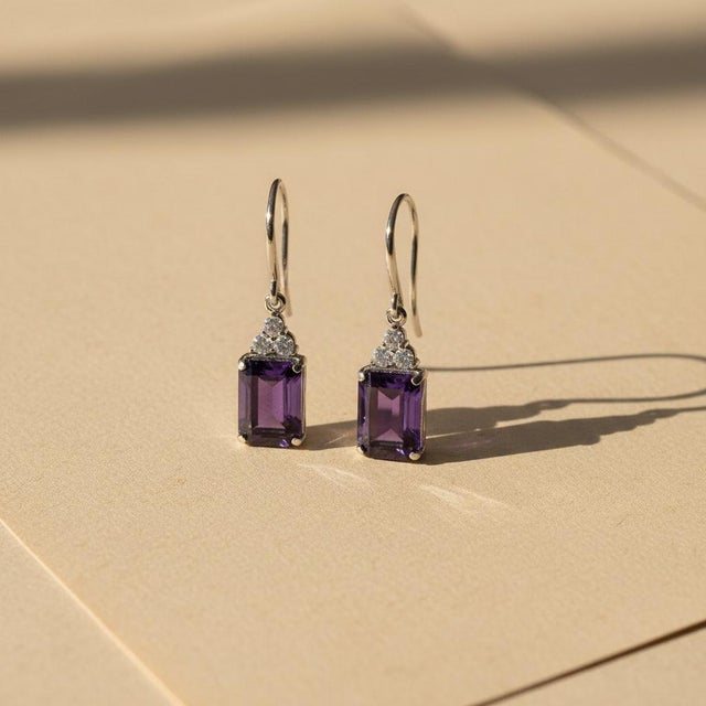 Purple Minimalistic Amethyst Earrings, Silver, Gold, Pair For Sale - Image 8 of 8