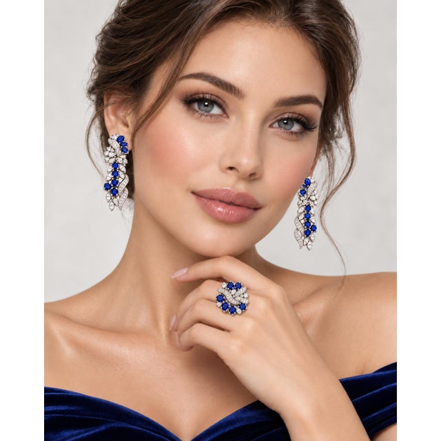 18k White Gold Blue Sapphire & Diamond Floral Ring & Earrings Set, 3 Pieces For Sale - Image 4 of 4
