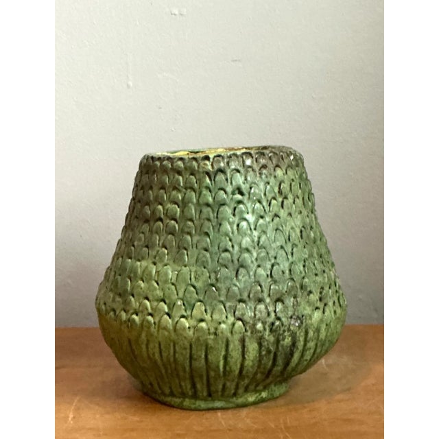 Vintage Green Textured Ceramic Vase For Sale - Image 4 of 12