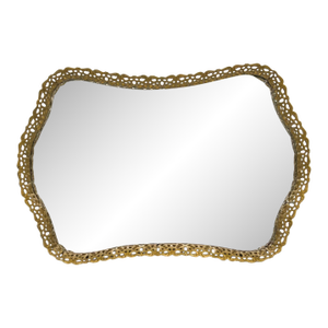 Mid Century Hollywood Regency Brass Mirrored Vanity Tray – Ornate Filigree Edge – Glam / Rococo Revival / Mid-Century