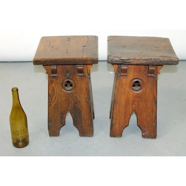 Gothic Mid 19th Century Pair of French Gothic Revival Stools in Oak For Sale - Image 3 of 7