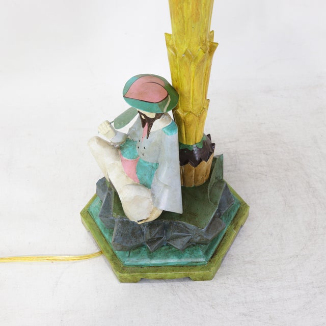 Vintage Hand-Painted Chinoiserie Tole Palm Tree and Figurine Table Lamps - a Pair For Sale - Image 12 of 13