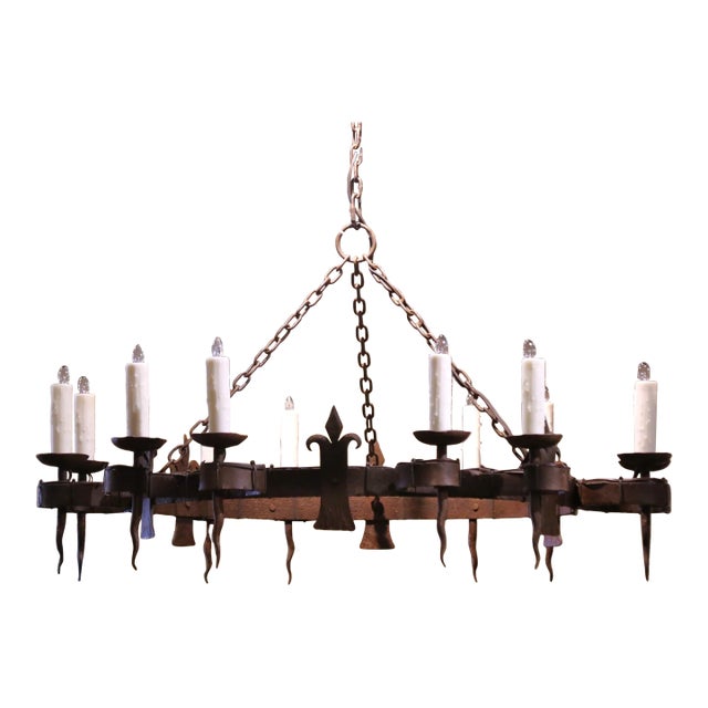 19th C. French Wrought Iron Twelve-Light Chandelier With Fleur-De-Lys Motifs For Sale