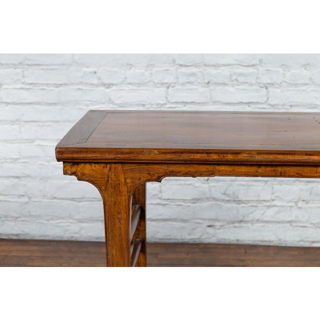 Wood Late Qing Dynasty Chinese Elm Wine Table with Carved Legs and Side Stretchers For Sale - Image 7 of 13