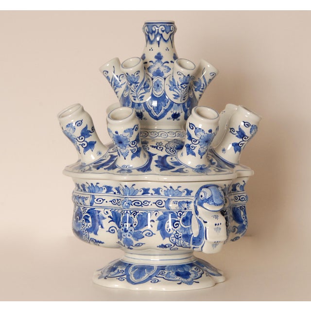 Royal Delft Royal Delft Tulip Vase Tulpiere Blue and White Earthenware Spouted Vase Dragon Handles For Sale - Image 4 of 15