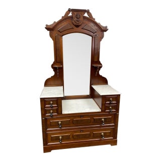 Early 1900's Antique Mirrored Vanity Dresser, Handcarved Walnut, Marble Topped For Sale