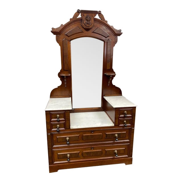 Early 1900's Antique Mirrored Vanity Dresser, Handcarved Walnut, Marble Topped For Sale