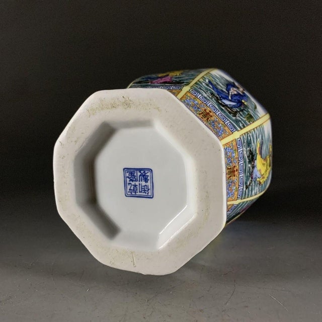 Mid 20th Century Mid 20th Century Exquisite Hexagonal Chinese Famille Rose Porcelain Vase With Figural Panels & Gilt For Sale - Image 5 of 7