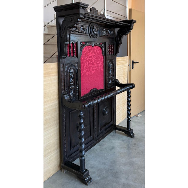 19th Large Carved Spanish Solid Walnut Coat Rack Stand with Red Damask Back For Sale - Image 16 of 18