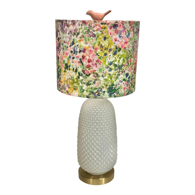 Surya White Hobnail Glass Style Reverse Painted White Table Lamp With Impressionist Style Floral Shade With Pink Bird Finial For Sale